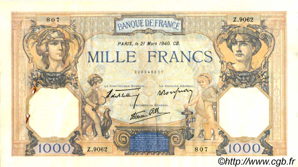 1000 Francs CÉRÈS ET MERCURE type modifié FRANCE  1940 F.38.44 VF+