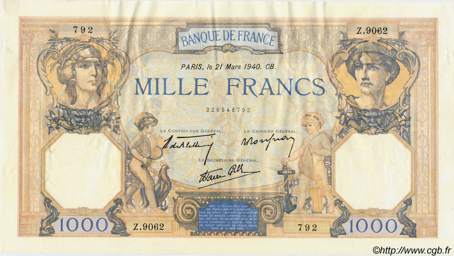 1000 Francs CÉRÈS ET MERCURE type modifié FRANCIA  1940 F.38.44 EBC+