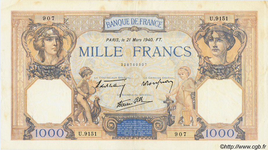 1000 Francs CÉRÈS ET MERCURE type modifié FRANCIA  1940 F.38.44 q.SPL