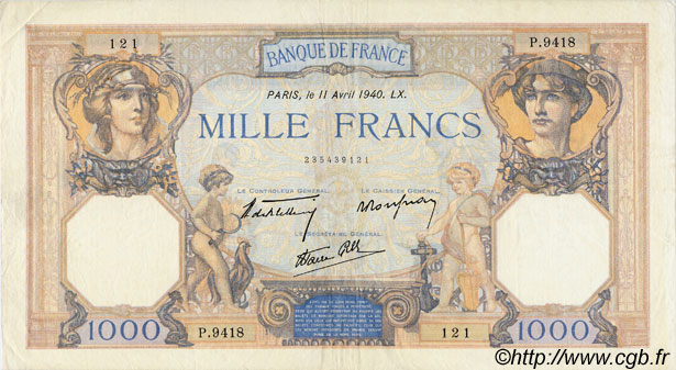 1000 Francs CÉRÈS ET MERCURE type modifié FRANCIA  1940 F.38.45 BB