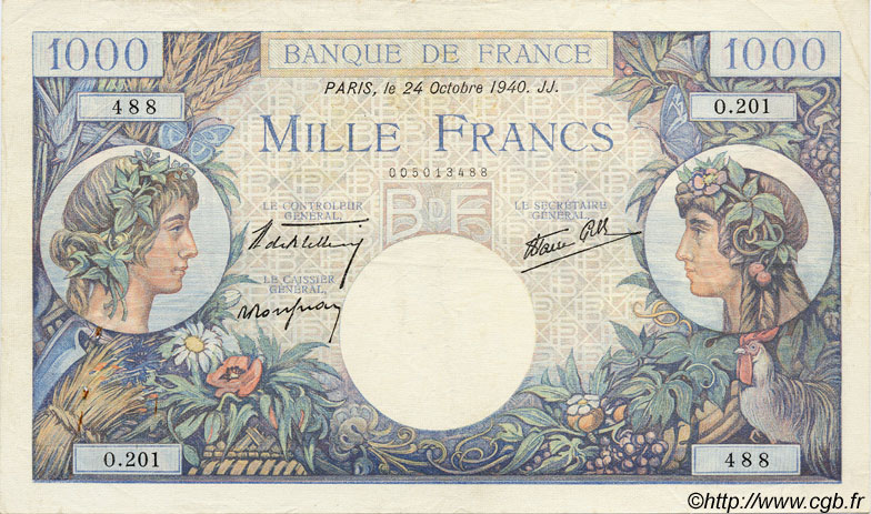 1000 Francs COMMERCE ET INDUSTRIE FRANKREICH  1940 F.39.01 fVZ