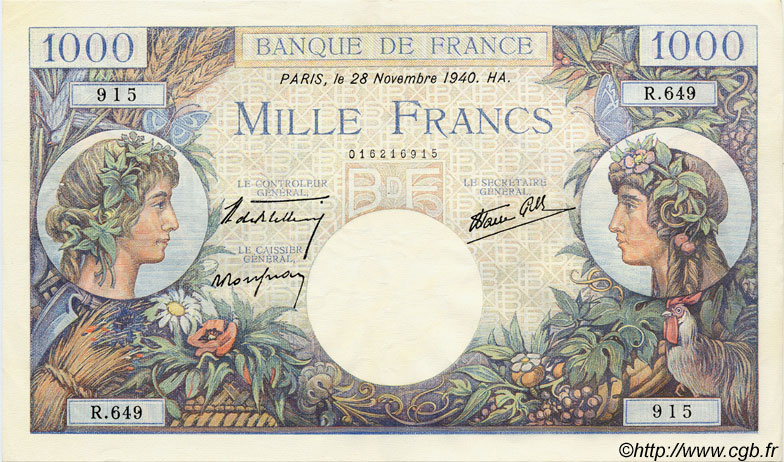 1000 Francs COMMERCE ET INDUSTRIE FRANCIA  1940 F.39.02 MBC+ a EBC