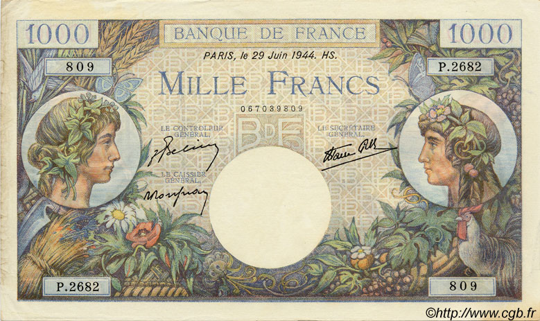 1000 Francs COMMERCE ET INDUSTRIE FRANCIA  1944 F.39.09 EBC