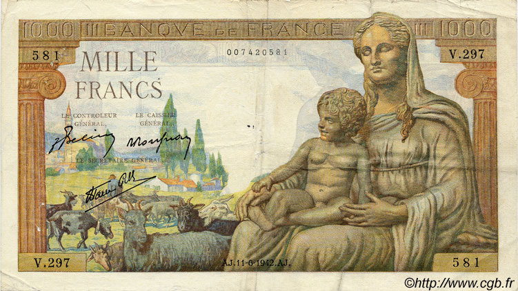 1000 Francs DÉESSE DÉMÉTER FRANCE  1942 F.40.02 F - VF