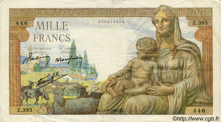 1000 Francs DÉESSE DÉMÉTER FRANCE  1942 F.40.02 F - VF