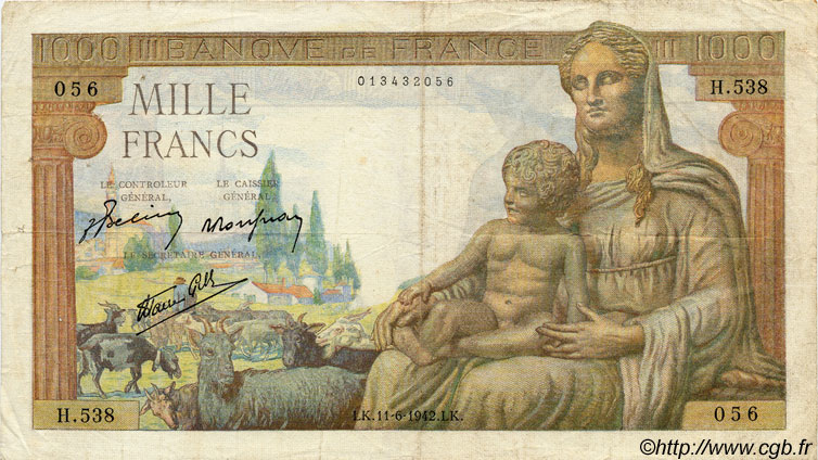 1000 Francs DÉESSE DÉMÉTER FRANCIA  1942 F.40.02 BC