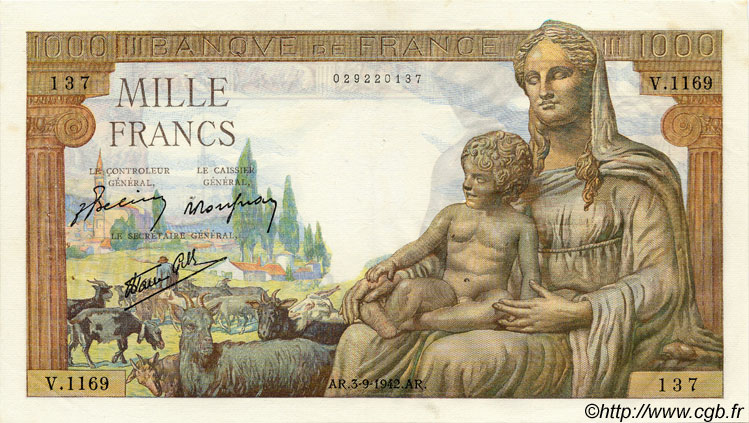 1000 Francs DÉESSE DÉMÉTER FRANCIA  1942 F.40.06 MBC+