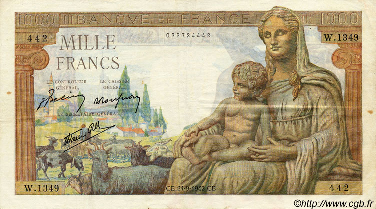 1000 Francs DÉESSE DÉMÉTER FRANKREICH  1942 F.40.07 SS