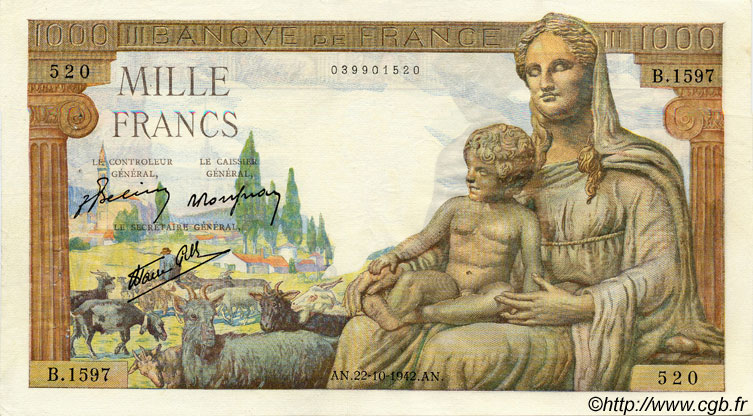 1000 Francs DÉESSE DÉMÉTER FRANCE  1942 F.40.09 VF+