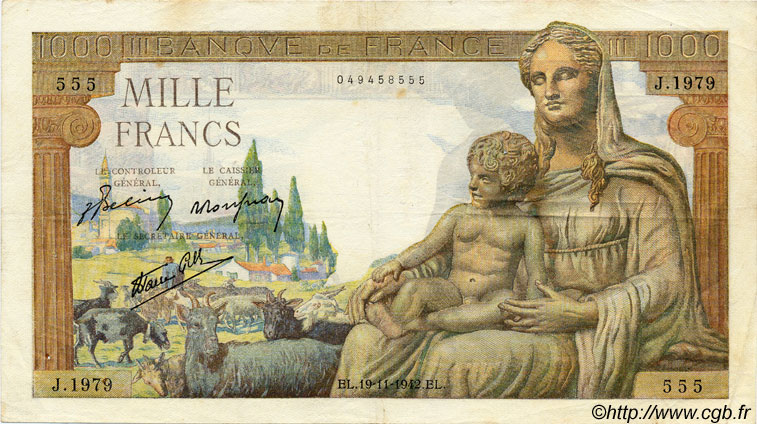 1000 Francs DÉESSE DÉMÉTER FRANKREICH  1942 F.40.11 SS