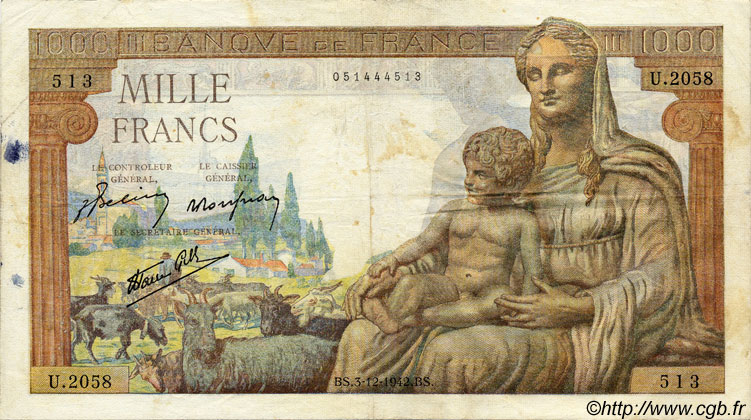 1000 Francs DÉESSE DÉMÉTER FRANKREICH  1942 F.40.12 S
