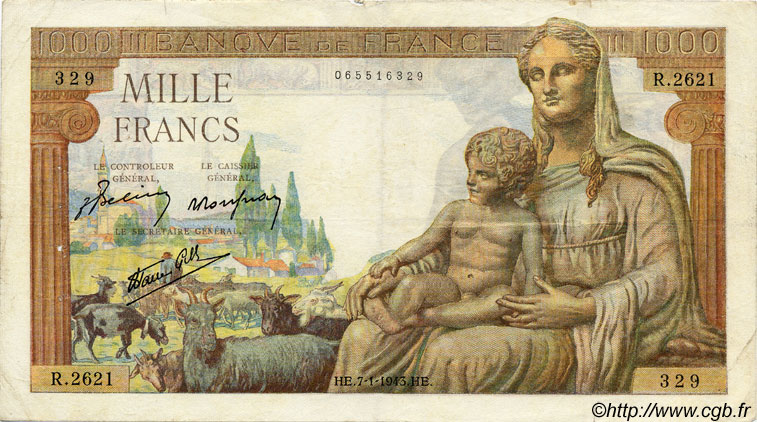 1000 Francs DÉESSE DÉMÉTER FRANKREICH  1943 F.40.15 fSS