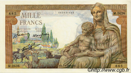 1000 Francs DÉESSE DÉMÉTER FRANCE  1943 F.40.15 AU