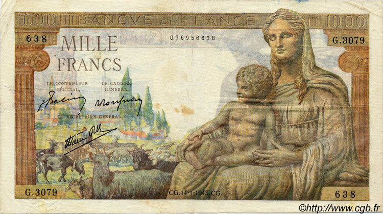 1000 Francs DÉESSE DÉMÉTER FRANCE  1943 F.40.16 F - VF