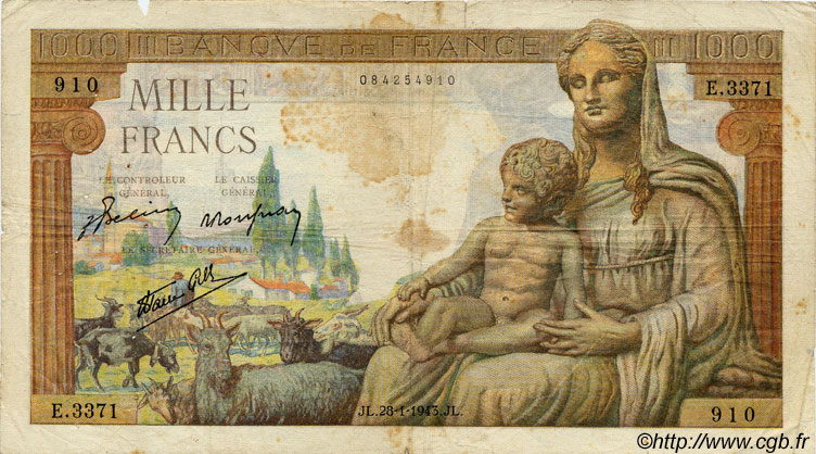 1000 Francs DÉESSE DÉMÉTER FRANKREICH  1943 F.40.17 fS