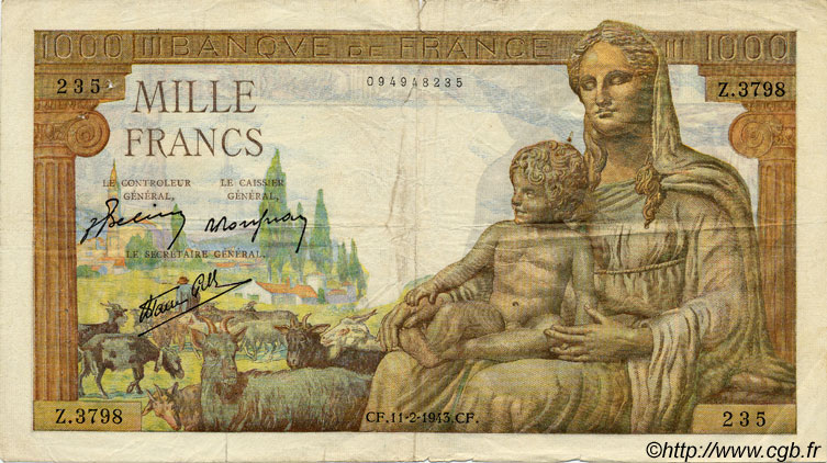 1000 Francs DÉESSE DÉMÉTER FRANCE  1943 F.40.18 pr.TB