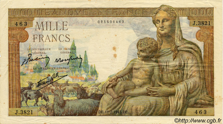 1000 Francs DÉESSE DÉMÉTER FRANCIA  1943 F.40.18 MBC