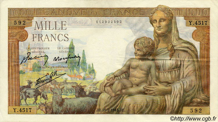 1000 Francs DÉESSE DÉMÉTER FRANCE  1943 F.40.20 VF+