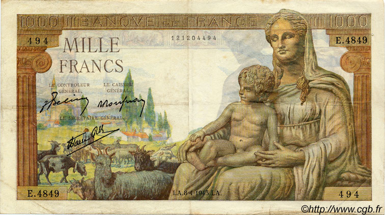 1000 Francs DÉESSE DÉMÉTER FRANCE  1943 F.40.21 VF