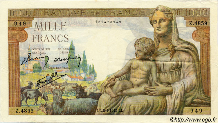 1000 Francs DÉESSE DÉMÉTER FRANCE  1943 F.40.21 VF+