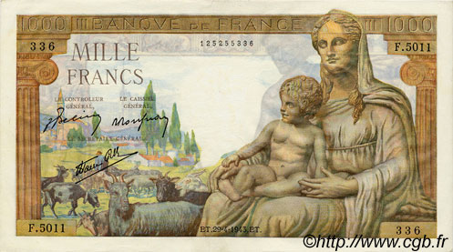 1000 Francs DÉESSE DÉMÉTER FRANKREICH  1943 F.40.22 VZ+ to fST