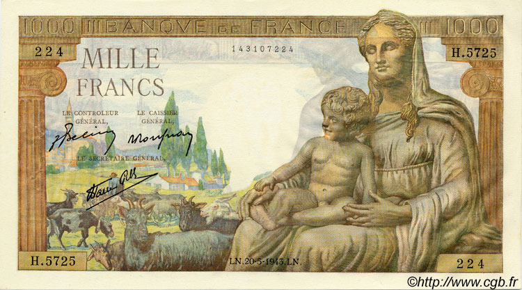 1000 Francs DÉESSE DÉMÉTER FRANCE  1943 F.40.24 XF-