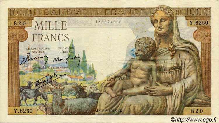 1000 Francs DÉESSE DÉMÉTER FRANCE  1943 F.40.26 VF