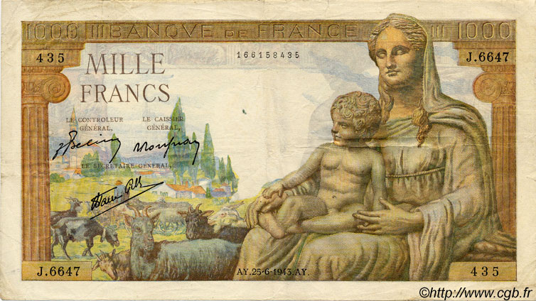1000 Francs DÉESSE DÉMÉTER FRANCIA  1943 F.40.28 MB