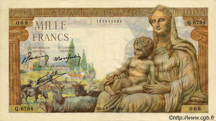 1000 Francs DÉESSE DÉMÉTER FRANCIA  1943 F.40.29 SPL