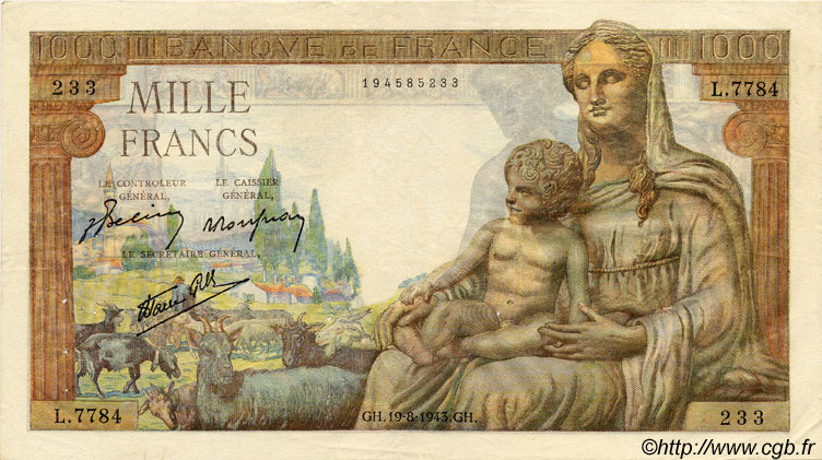 1000 Francs DÉESSE DÉMÉTER FRANCIA  1943 F.40.33 BB