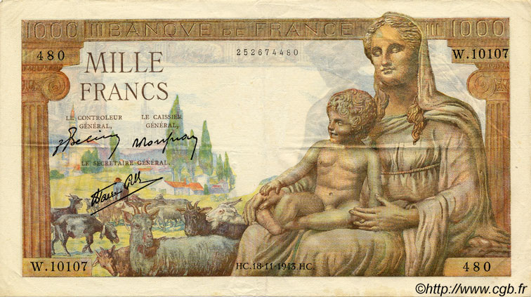 1000 Francs DÉESSE DÉMÉTER FRANCIA  1943 F.40.40 BB