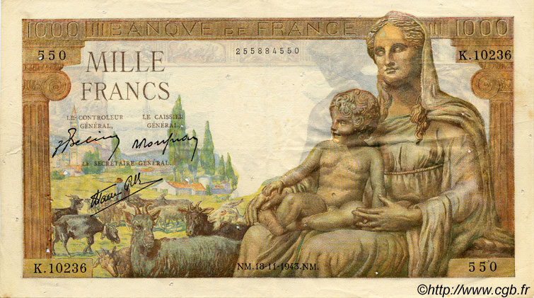 1000 Francs DÉESSE DÉMÉTER FRANCE  1943 F.40.40 F
