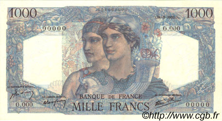 1000 Francs MINERVE ET HERCULE Spécimen FRANCE  1945 F.41.01Sp2 AU