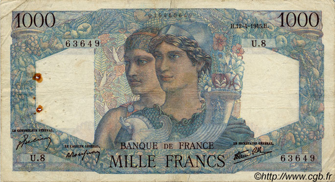 1000 Francs MINERVE ET HERCULE FRANCIA  1945 F.41.01 BC