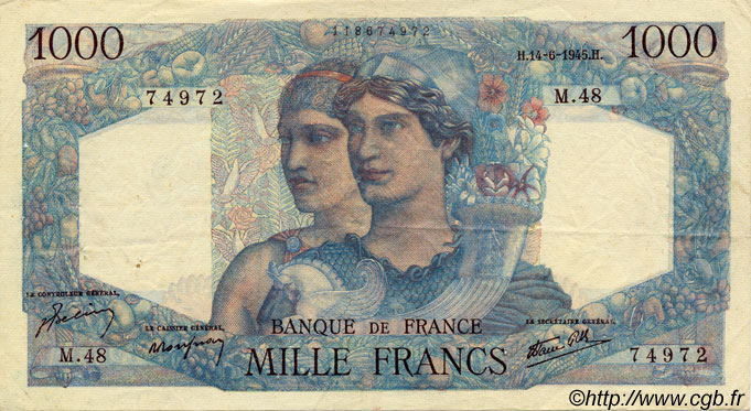1000 Francs MINERVE ET HERCULE FRANCE  1945 F.41.04 VF