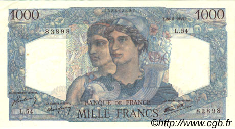 1000 Francs MINERVE ET HERCULE FRANKREICH  1945 F.41.05 VZ to fST