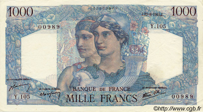 1000 Francs MINERVE ET HERCULE FRANCE  1945 F.41.07 TTB+