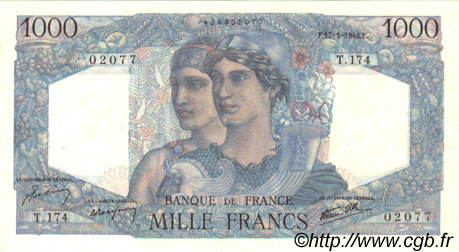 1000 Francs MINERVE ET HERCULE FRANCIA  1946 F.41.10 EBC+