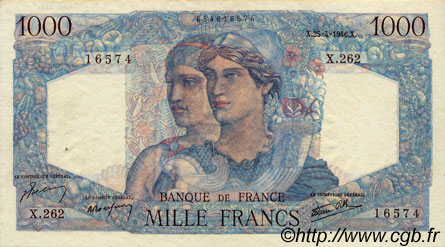 1000 Francs MINERVE ET HERCULE FRANCE  1946 F.41.13 VF+