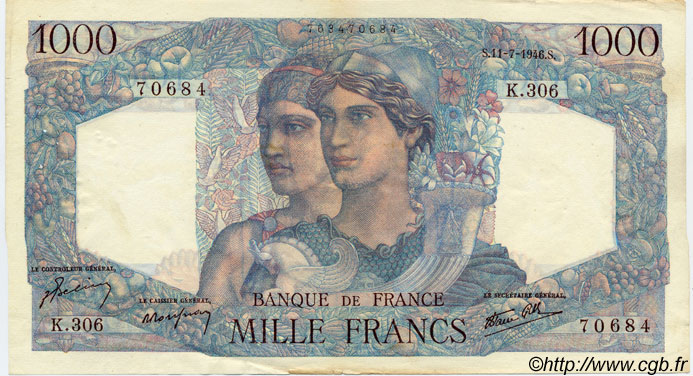 1000 Francs MINERVE ET HERCULE FRANCE  1946 F.41.15 VF - XF
