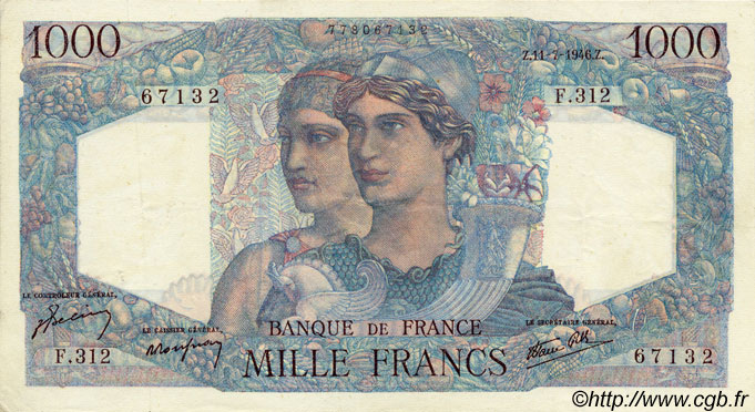1000 Francs MINERVE ET HERCULE FRANCE  1946 F.41.15 XF-