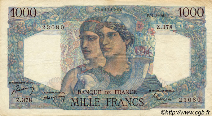 1000 Francs MINERVE ET HERCULE FRANCE  1948 F.41.19 TTB