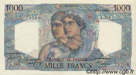 1000 Francs MINERVE ET HERCULE FRANCE  1948 F.41.19 AU+