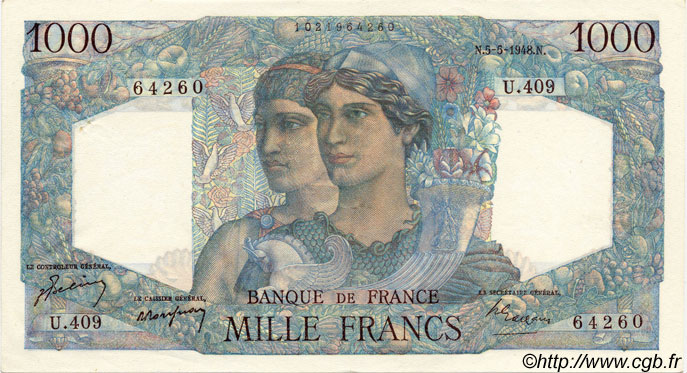 1000 Francs MINERVE ET HERCULE FRANKREICH  1948 F.41.20 VZ