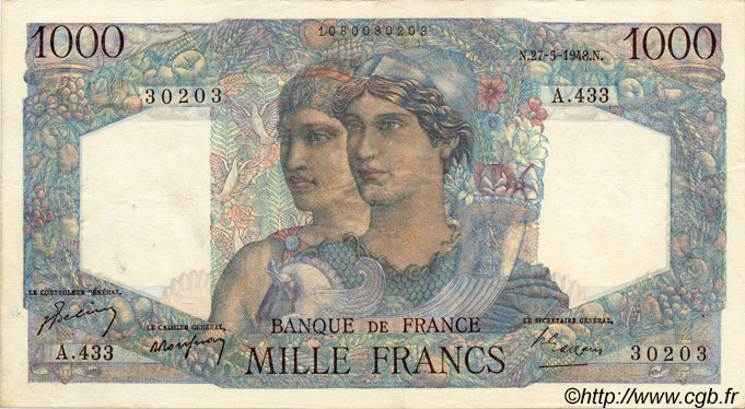 1000 Francs MINERVE ET HERCULE FRANCE  1948 F.41.21 XF-