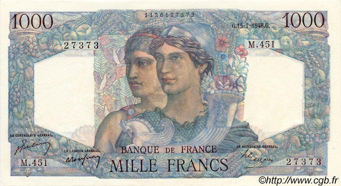 1000 Francs MINERVE ET HERCULE FRANKREICH  1948 F.41.22 fST