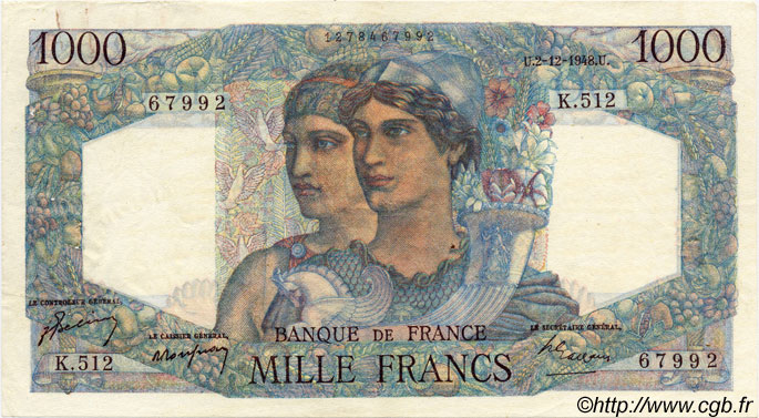 1000 Francs MINERVE ET HERCULE FRANCE  1948 F.41.24 VF+