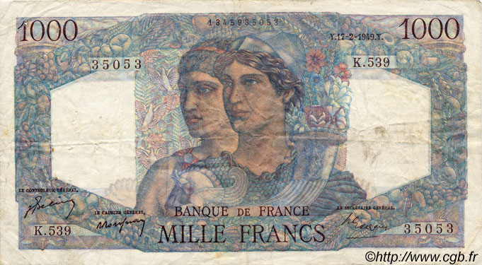 1000 Francs MINERVE ET HERCULE FRANCE  1949 F.41.25 F - VF