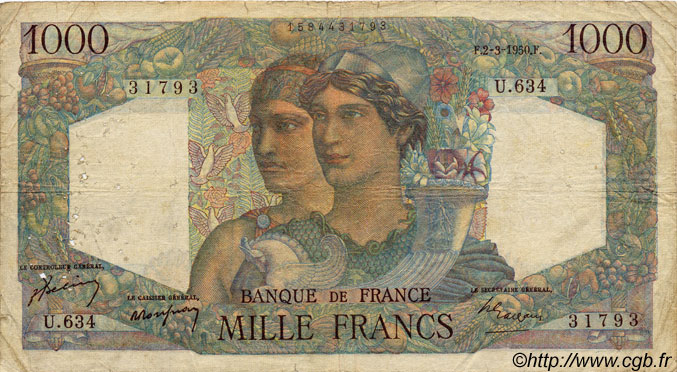 1000 Francs MINERVE ET HERCULE FRANCE  1950 F.41.31 VG