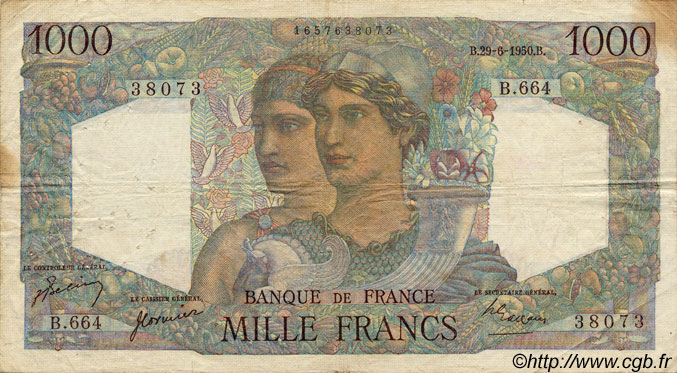 1000 Francs MINERVE ET HERCULE FRANKREICH  1950 F.41.33 S